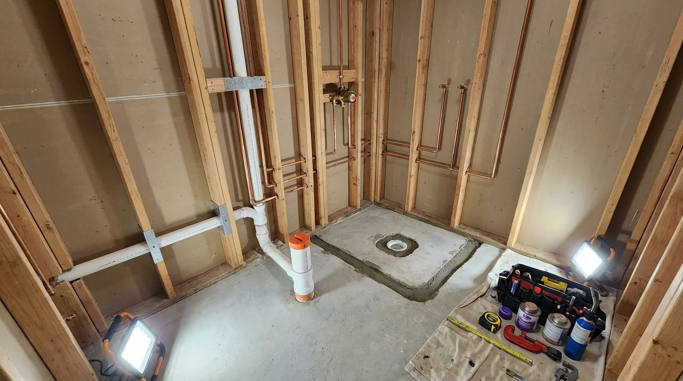 Bathroom rough-in plumbing during remodel by Johns Plumbing LLC in Oshkosh