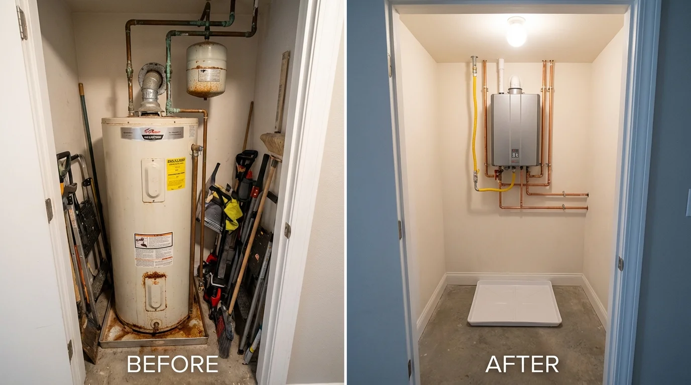 Tank water heater versus wall-mounted tankless unit comparison for Oshkosh, NE homeowners