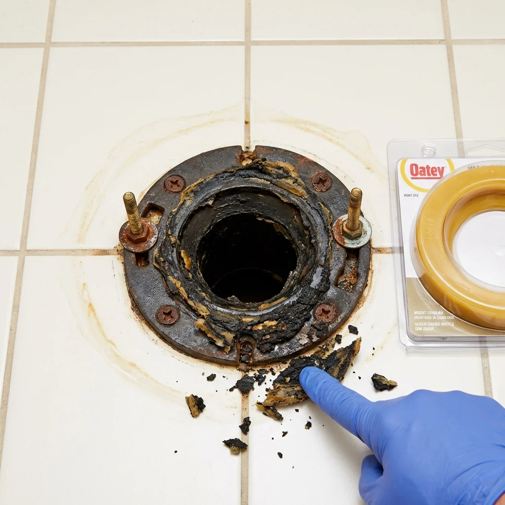 Failed wax ring showing water seepage at the base of a toilet in a Oshkosh, NE home