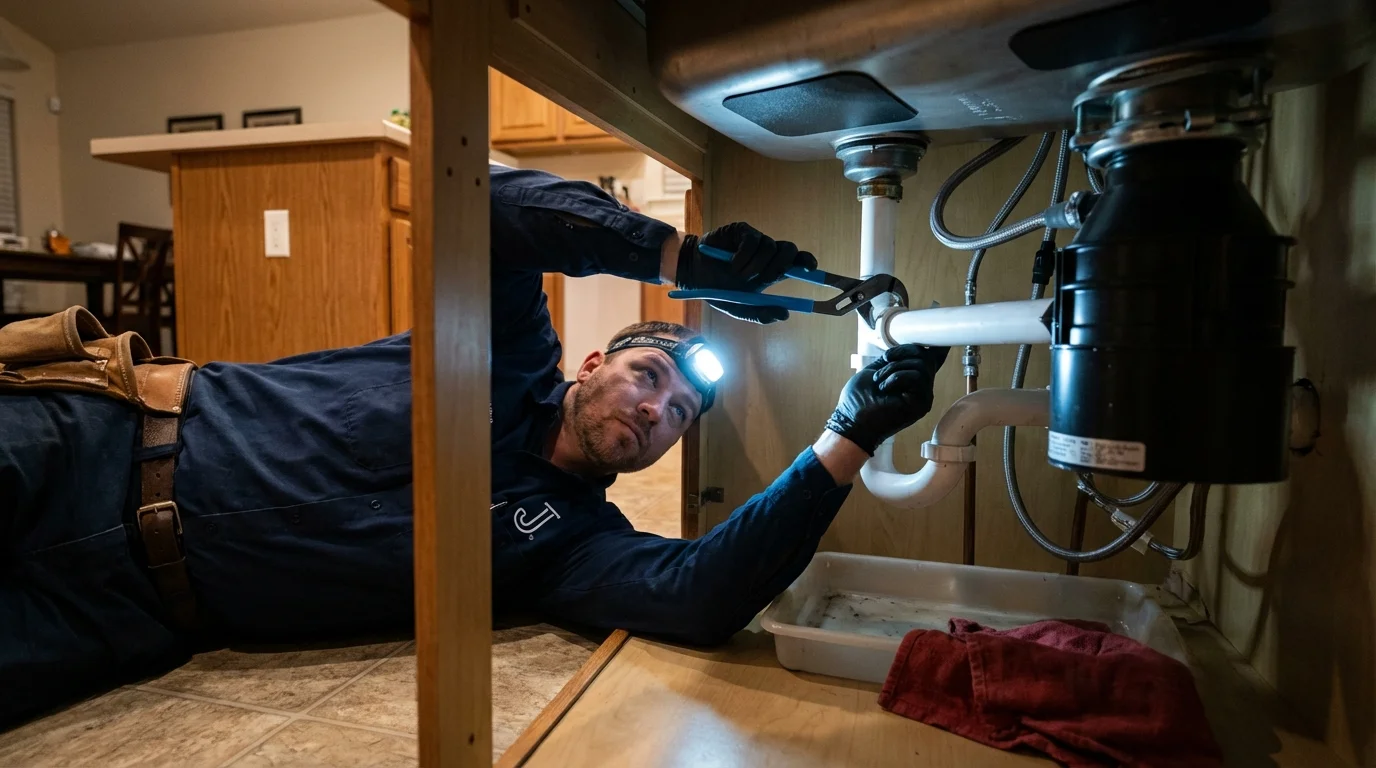 P-trap and supply line connections under a kitchen sink showing a common leak point in Oshkosh, NE